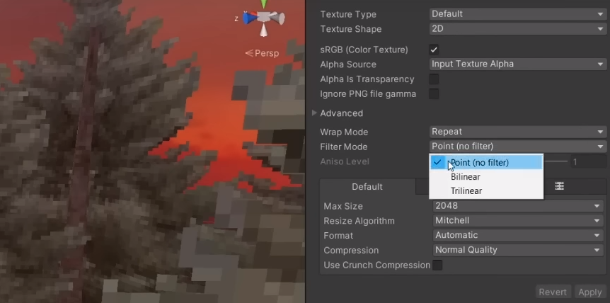 Unity-billedimportindstillinger for et retro-look.