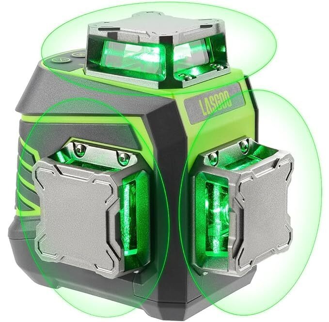Laserniveau 3x360° selvnivellerende, 3D grøn krydslinjelaser til konstruktion og billedophæng, genopladeligt batteri, fjernbetjening, magnetisk roterende stativ inkluderet - LG-3Dx